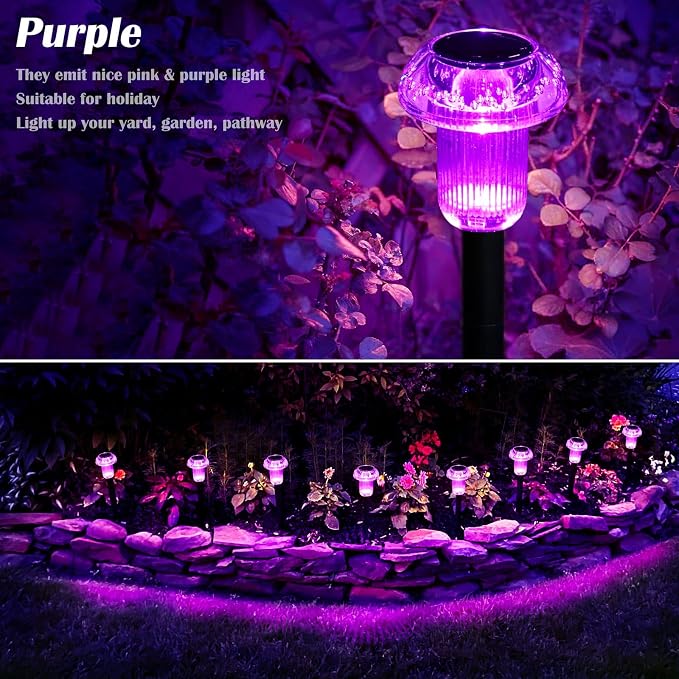 Priddop Solar Halloween Lights Outdoor Waterproof 8Pack Purple LED Mushroom | Yard Pathway Garden Decorative Patio Landscape Path Walkway Spike Pattern Acrylic Cap ABS Stake Outside Halloween Decor
