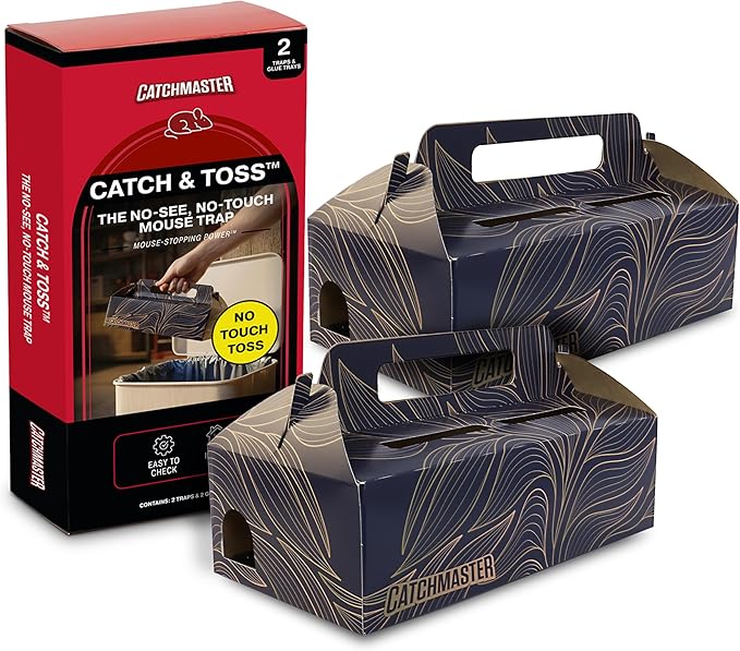 Catchmaster Catch & Toss: No-Touch, No-See Disposable Mouse Glue Traps Indoor, No Bait Needed (2 Pack), Catches up to 10 Mice — Pesticide-Free, 6 Months of Child & Pet Protection Sticky Mouse Traps