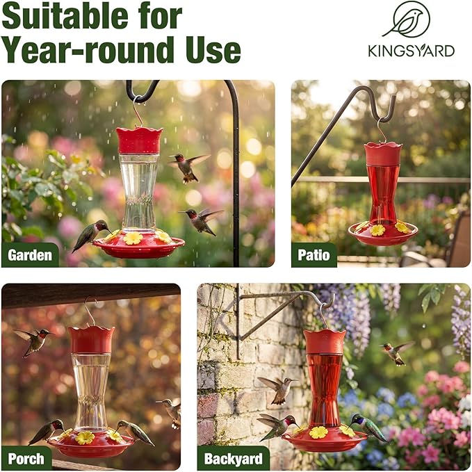 Kingsyard 2-Pack Glass Hummingbird Feeder for Outdoors Hanging, 10 oz Leak-Proof Humming Bird Feeders with Ant Moat & Bee Proof Feeding Ports, Hummingbird Gift for Bird Lovers (Clear)