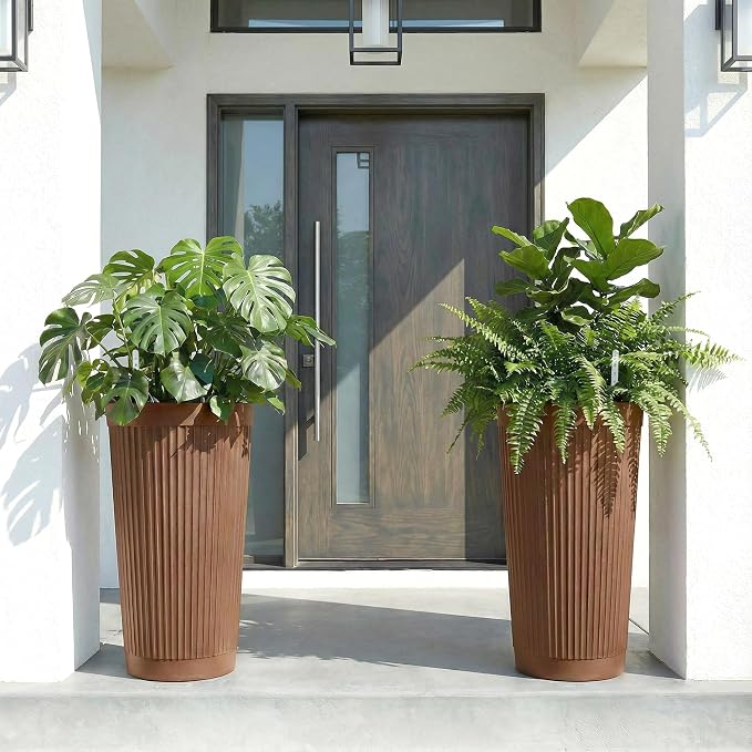24in Tall Self-Watering Planters Set of 2, Brown | Water level indicator, Self-watering irrigation system, Non-toxic PP plastic, Weather Resistant, Indoor Outdoor Use