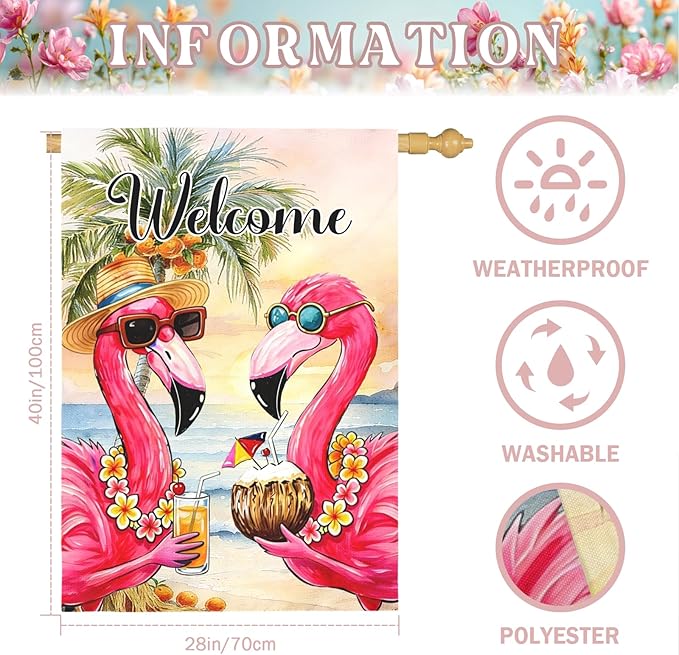 Welcome Garden Flag Flamingo Tropical Beach Scene Yard Flags Summer Coastal Island Double Sided Polyester Pink Flamingo House Flags for Lawn Pool Palm Tree Seaside Home Decor 28 x 40 Inch