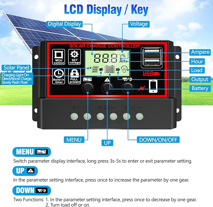 [Upgraded] 30A Solar Charge Controller, Black Solar Panel Battery Intelligent Regulator with Dual USB Port 12V/24V PWM Auto Paremeter Adjustable LCD Display (30a)