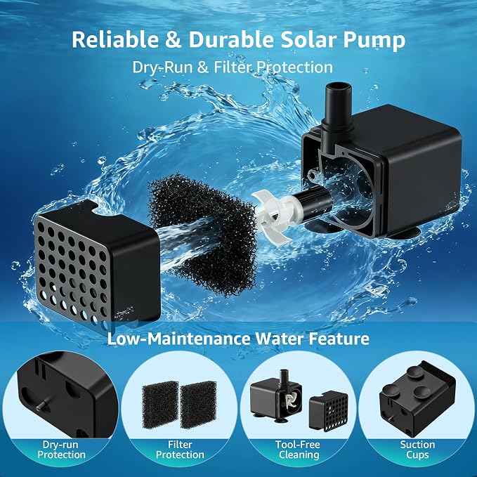 Solar Bird Bath Fountain Pump, 4W Solar Water Pump with 2000mAh Battery Backup, 5 Spray Modes & 4Ft PVC Tubing, Solar Powered Fountain for Bird Bath, Garden Pond and Outdoor Water Feature