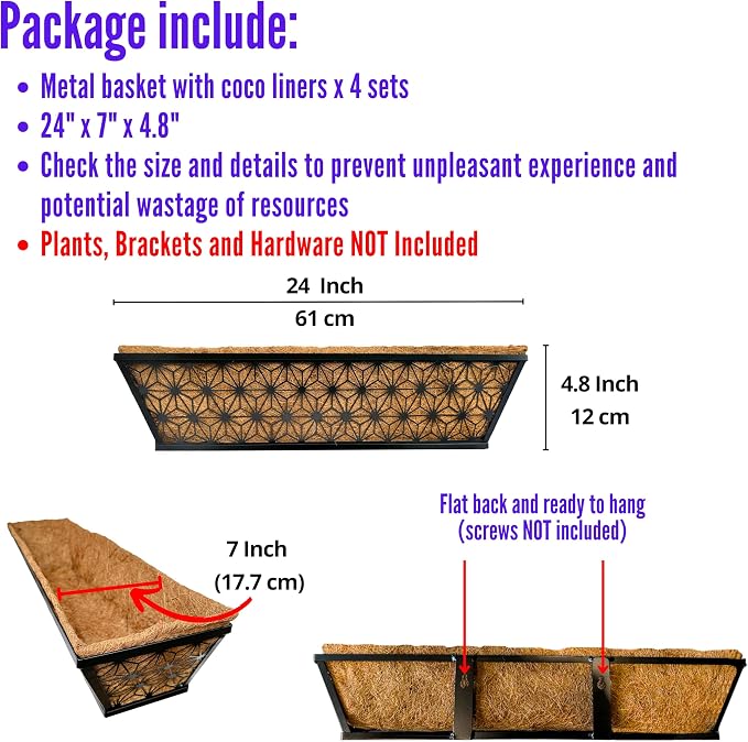 LaLaGreen Window Boxes Planter for Outdoor Plants (4 Pack, 24 Inch) Black Metal Rectangular Flower Pot Wall Planters with Coco Liner, Modern Stylish Horse Trough Railing Deck Rail Fence Balcony Patio