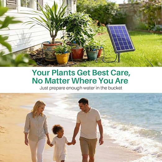 NFESOLAR 4W Solar Automatic Drip Irrigation Kit with LCD Timer, Customizable Watering Duration 1–30min & Interval 3h–7d, Anti-Siphoning Device for Potted Plants, Balcony, Garden, Patio, Vacation