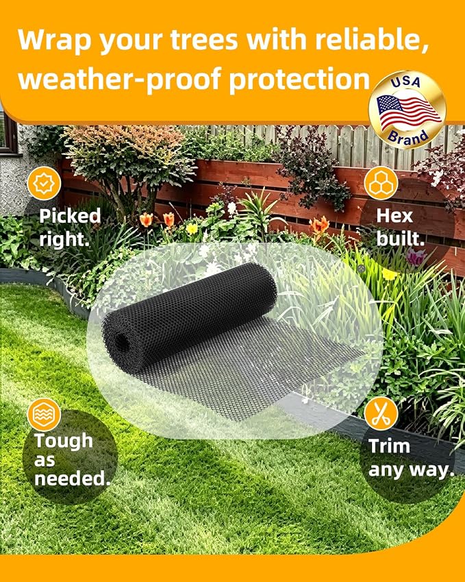 16" x 88.3ft Plastic Chicken Wire Tree Protectors Black HDPE Mesh Fencing, Flexible Animal Barrier for Dogs, Cats & Rabbits, Balcony Netting for Pets, Cuttable Garden Fence & Tree Trunk Protector