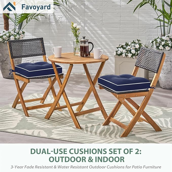 Favoyard Patio Chair Cushions 17 × 17 Inch Water Resistant & 3-Year Color Fastness Outdoor Chairs Cushion for Seat Dining Rocking Wicker Chair Cushion with Tie Straps Tufted Square Pads, Blue, 2 Pack