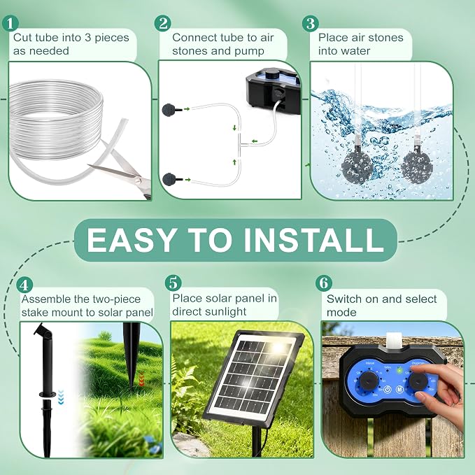 3W Solar Pond Aerator, Solar Aquarium Air Pump with 2 Air Stones, Dual Working Modes, Solar Pond Oxygen Pump for Fish Tank, Outdoor Small Pond, Hydroponics