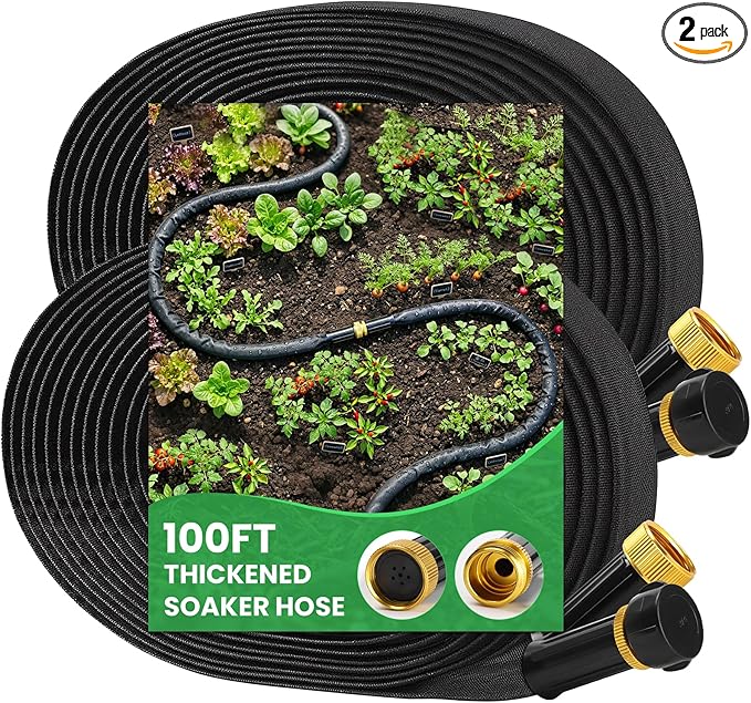 MIXC 2026 Thickened Flat Soaker Hose 100Ft with Copper Joint, Saving 80% Water, Aluminum Seal, 1mm Hose, 360°Swival Handle, Hole Pressure Relief Gasket, Drip Kit for Vegetable Garden, Lawn, Flower Bed