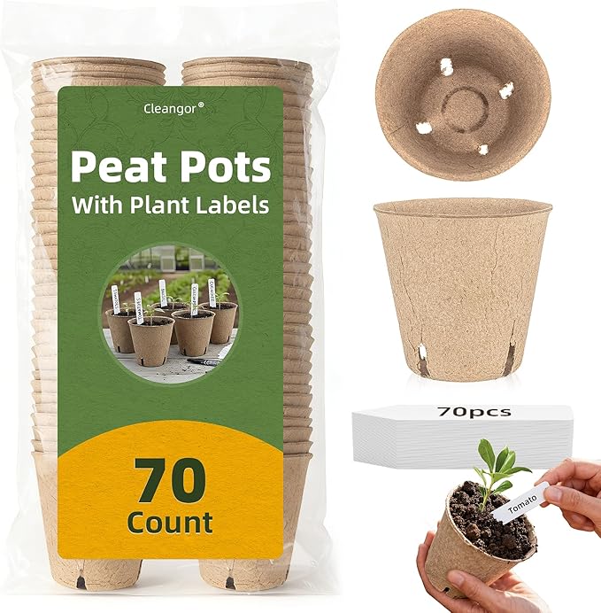 CLEANGOR 70Pcs Biodegradable 3.15” Peat Pots with 70Pcs Plant Labels, Biodegradable Seed Starter Pots with Drainage Holes, Nursery Pots for Seedlings, Herbs, Vegetables, Flowers, Gardening Kit