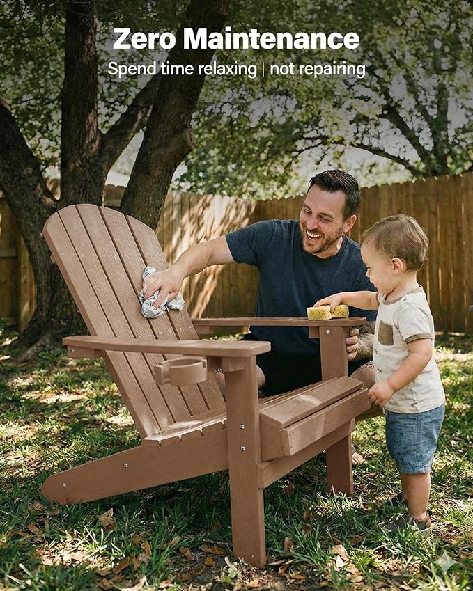 YEFU Adirondack Chairs Set of 2: Outdoor Chair HIPS Plastic Adirondack Chairs - Patio Chairs with Cup Holder & Wood Texture - Lawn Fire Pit Deck Porch Garden Chairs for Adults (Teak)