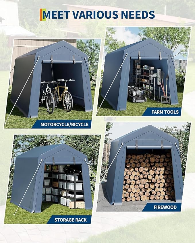 IDEALHOUSE 6x8 FT Outdoor Storage Shelter Shed Carport with Roll-Up Ventilated Zipper Door and Windows, Waterproof Portable Garage, Heavy Duty Tent Shed for Motorcycle Bike Firewood Tools