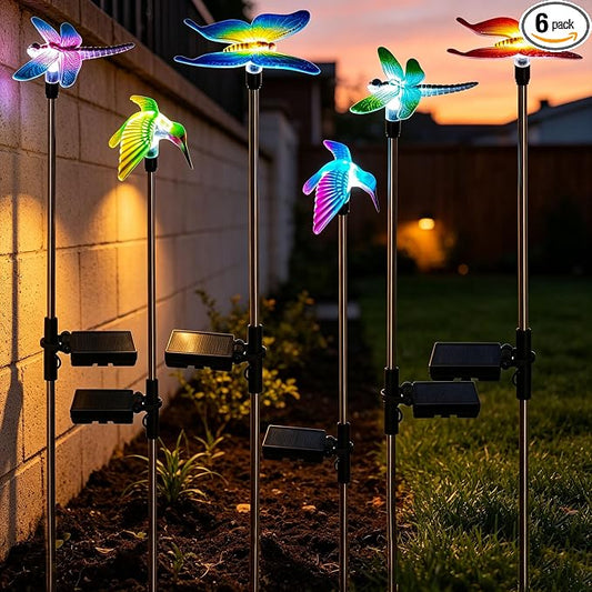 6 Pack Solar Garden Stake Lights Outdoor, Yard Figurine Stake Light, Flower Hummingbird Dragonfly Butterfly for Patio Yard Pathway Decoration (Garden)