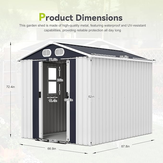 KEIKI 8x6 FT Heavy-Duty Outdoor Storage Shed, Metal Shed with Reinforced Frame, Lockable Doors & Air Vents, Weatherproof Garden Tool Shed for Backyard, White