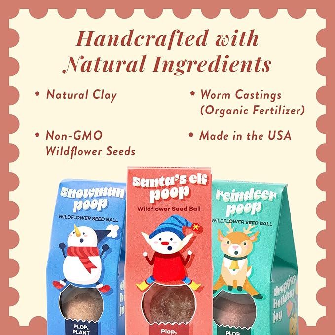 Modern Sprout Wildflower Seed Ball Poop - Eco-Friendly Gift - Non-GMO Hand-Rolled Clay Seed Bombs with Wildflower Seeds - Plop Plant & Grow Gardening Gift Set for All Occasions (Jingle Plop-Pack of 3)