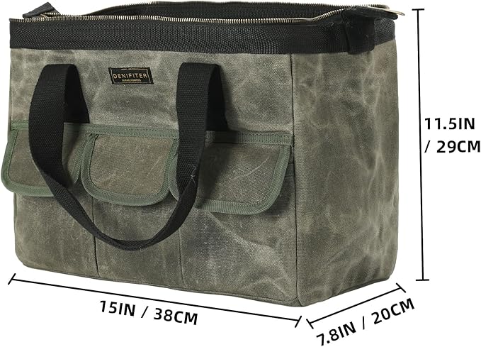 15 Inch Tool Bag, Heavy Duty Waxed Canvas Wide Mouth Water-Resistant Tool Pouch, Garden Tool Tote with 15 Pockets | ArmyGreen