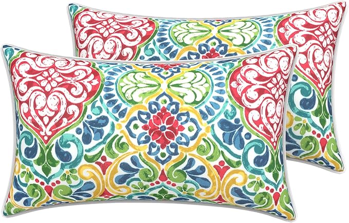 LVTXIII 2 Pack Outdoor Lumbar Pillow Covers 12x20 Inch with Piping, Water-Repellent Back Cushion Covers ONLY for Patio Furniture, Sofa, Garden Bench, Damask Red
