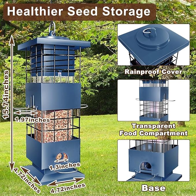Squirrel Proof Bird Feeder, 3LBS Anti-Squirrel Bird Feeders for Outdoors Hanging,Weight-Activated Perches Metal Wild Birdseed Feeders for Cardinal Blue Jay Outside (Blue)