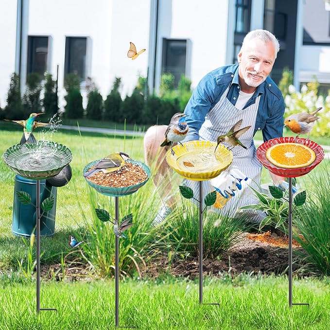 Metal Bird Bath for Outside, 2-in-1 Hummingbird Bird Bath & Bird Feeder, Metal Birdbath Bowl, Outdoor Bird Bath Decor for Garden Yard Lawn Backyard Patio (4PCS Herbacin)