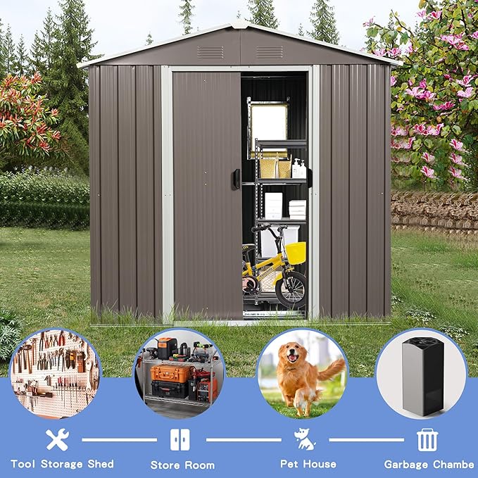 8 x 4 FT Outdoor Metal Storage Shed with Window and Punched Vents,Heavy Duty Storager House w/Sliding Doors & Padlock,Large Waterproof Tool Sheds for Garden,Backyard,Lawn,White