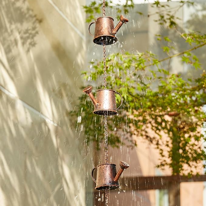 Glitzhome 8.5ft Rain Chain for Gutters 11-Piece Faux Copper Watering Pot Catcher Replacement for Downpout