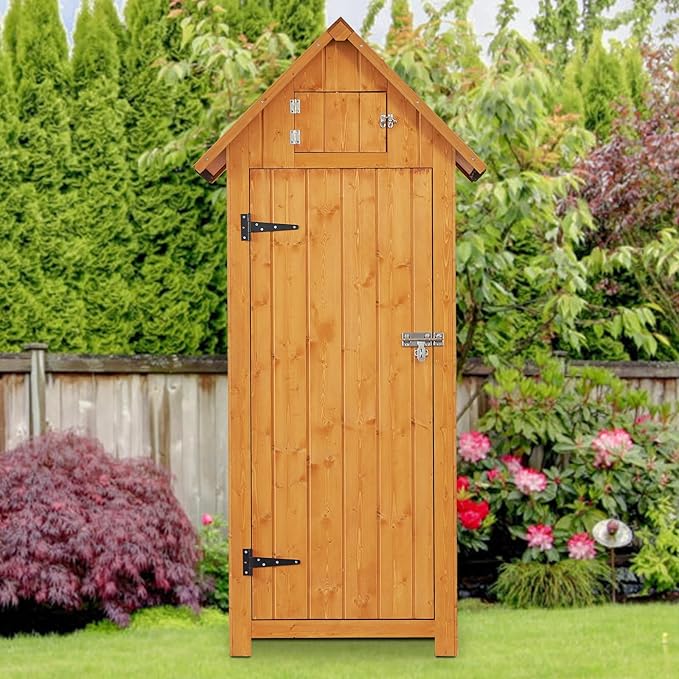 FairOnly Outdoor Shed Storage Cabinet, Garden Wooden Sheds, Outside Storage Cabinet Weather Proof with Floor, Fir Wood Tool Organizer with Door and Shelves for Backyard, Hallway (Natural)