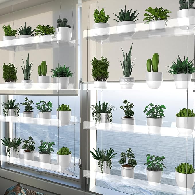 2-Pack Hanging Clear Plant Shelves for Windows, Acrylic Window Wall Plant Stand Shelf for Kitchen Indoor Gardens, Flower, Herb, Seedling Organization, and Pots Display, 16 Inch per Tier