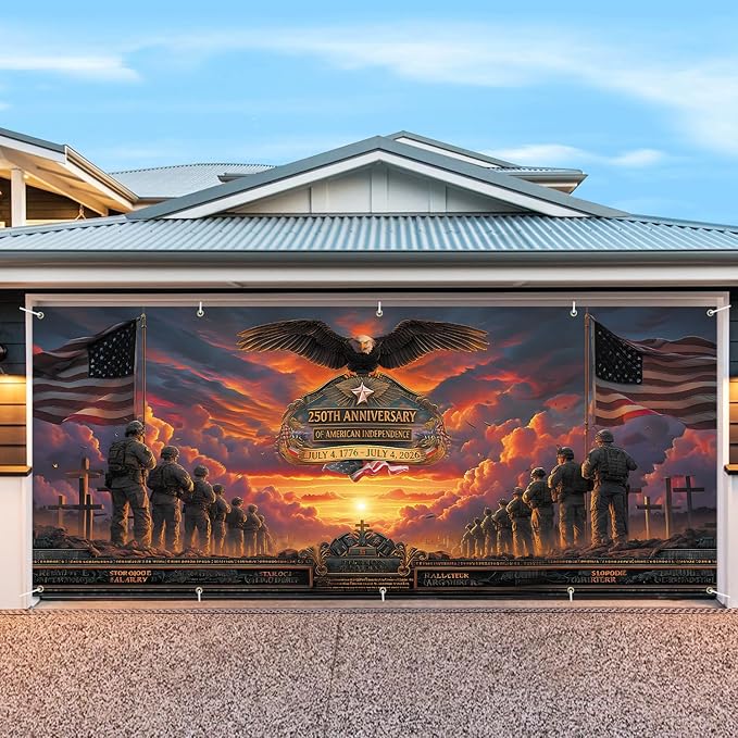7 * 16FT Eagle flag Garage Door Cover Decorations Independence Day (250th Anniversary Garage Door Banner for Outdoor Indoor Patriot Party Photography Backdrop
