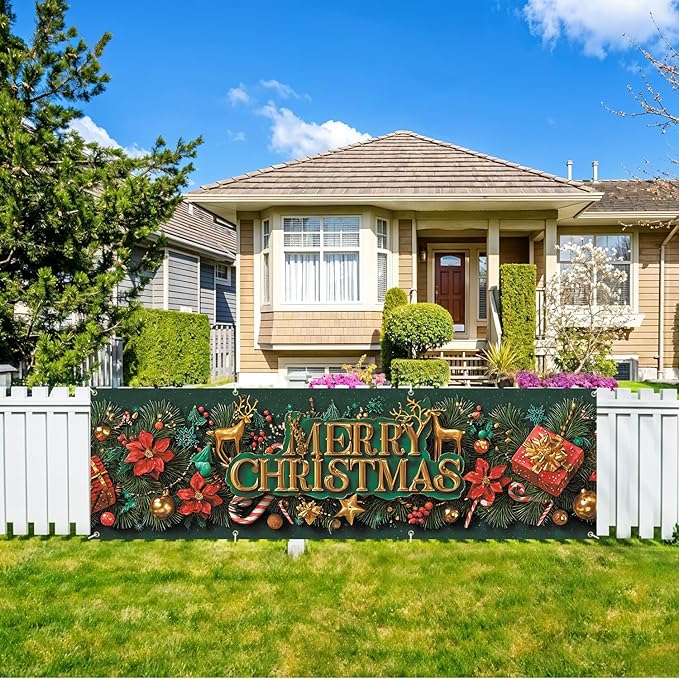 10x3 ft Extra Large Merry Christmas Banner Outdoor 115''x35'' Merry Christmas Decorations Xmas Tree Snowman Banners Yard for Fence Outside banner for Garden Party