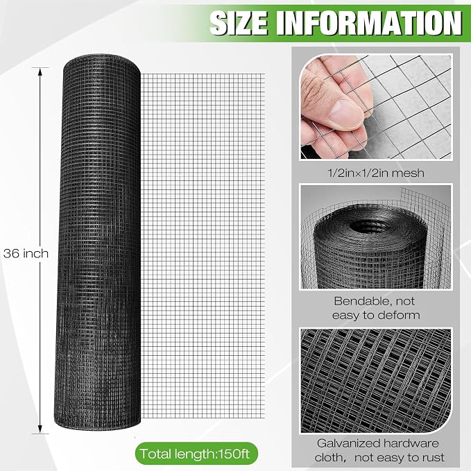 Tatuo Hardware Cloth 1/2 Inch 36in x 150ft Hot Dip Galvanized After Welded Cage Mesh Rolls 21 Gauge Metal Chicken Wire Roll Wire Fencing Poultry Netting for Raised Garden Rodent Animals(Black)