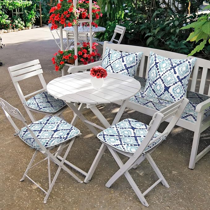 DYTXIII Set of 4 Outdoor Chair Cushions with Ties,Water Repellent Patio Chair Pads 17"x 16" for Outdoor Furniture,Round Corner Seat Cushions for Garden Yard Kitchen Boho Geometry Blue
