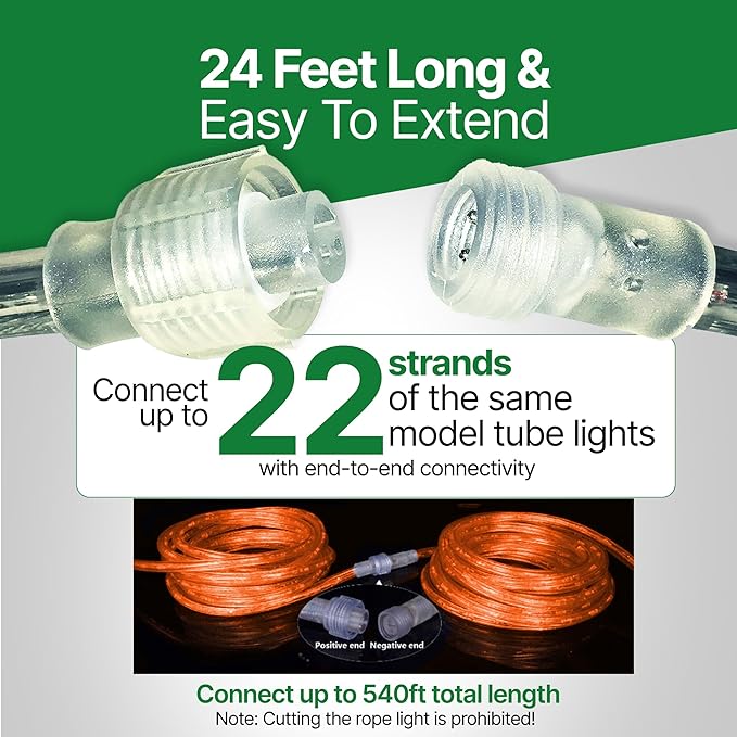 Tupkee LED Rope Light Orange - for Indoor and Outdoor use, 24 Feet (7.3 m) - 10MM Diameter - 144 LED Long Life Bulbs Rope Tube Lights
