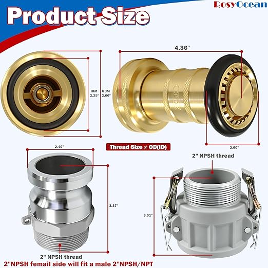 Heavey Duty 2" NPSH Brass Fire Hose Nozzle with 2 x 2 Inch Aluminum Camlock Fittings Fire Equipment Industial Spray Jet Fog Nozzle