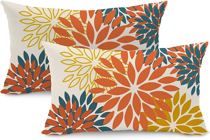 DFXSZ Orange Yellow Flower Pillow Covers 12x20 Inch Set of 2 Fall Throw Pillows Outdoor Waterproof Decor for Living Room Sofa Patio Funiture Garden Floral Polyester Pillow Covers 012E12