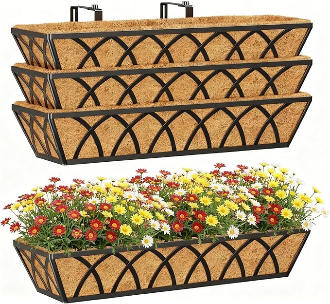 Y&M Hanging Railing Planter Boxes 4 Pack, 24 Inch Adjustable Balcony & Deck Planter, Heavy Duty Metal Flower Box for Porch, Fence & Window, Outdoor Plant Holder