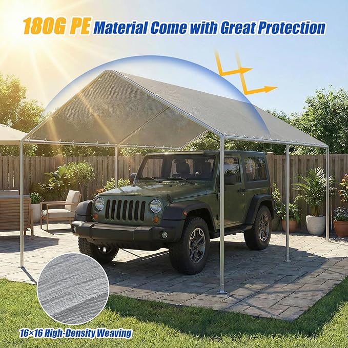 10x20Ft Carport Replacement Canopy Cover, Heavy Duty Waterproof Garage Top Shelter Cover Car Canopy with Ball Bungees,Gray(Frame Not Include)