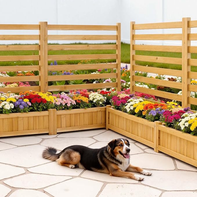 VEVOR Wooden Privacy Fence, 36 x 45 inch Air Conditioner Fence, 2 Slatted Panel Solid Outdoor Wood Privacy Screen with 2 Planters, Metal Stakes, Trash Can Hider Fences Suitable for Garden, Pool