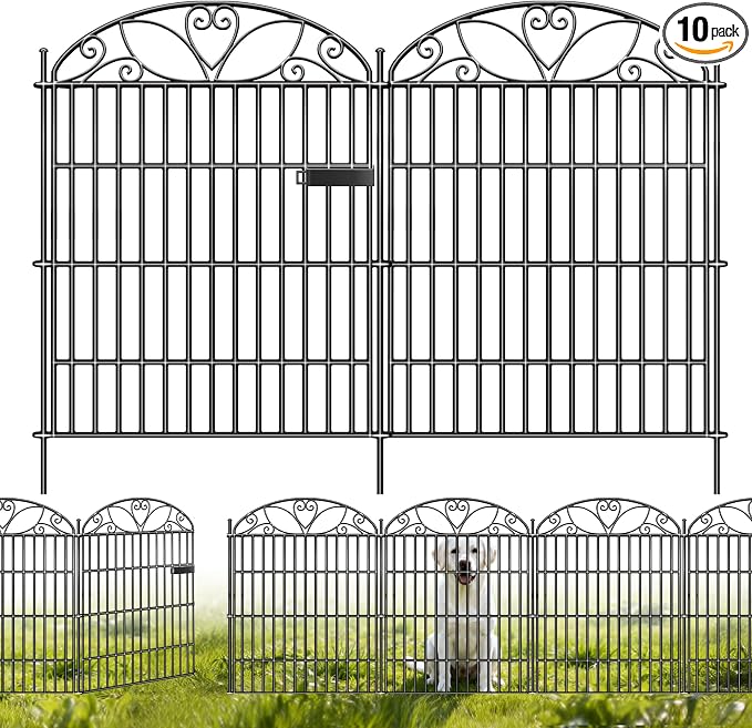 10 Panels No Dig Decorative Outdoor Garden Fence with Gate, 32 in(H) X 23.6 ft(L) Animal Barrier Fencing, Rustproof Portable Fence, Temporary Dog Fence Outdoor for Yard, Outside, Backyard