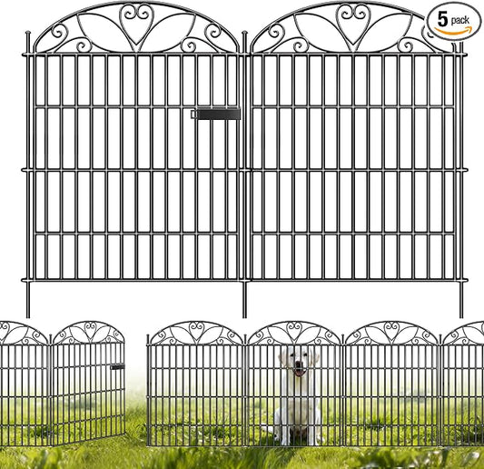 5 Panels No Dig Decorative Outdoor Garden Fence with Gate, 32 in(H) X 11.8 ft(L) Animal Barrier Fencing, Rustproof Portable Fence, Temporary Dog Fence Outdoor for Yard, Outside, Backyard