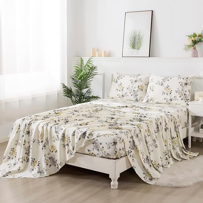 FADFAY Floral Sheets Set Queen Vintage Rose Floral Bedding Shabby Grey and Yellow Peony Sheets Farmhouse Bedding 800 Thread Count 100% Egyptian Cotton Soft Deep Pocket Fitted Sheet 4Pcs, Queen Size
