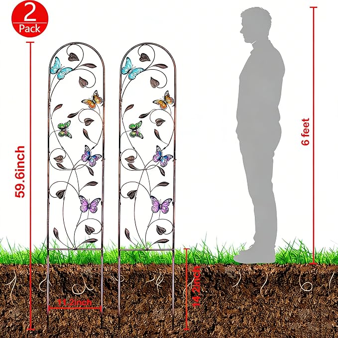 4 Pack Metal Garden Trellis with Colorful Butterfly, Outdoor Decoration Arched Fence Trellis for Climbing Plants for Patio, Backyard, Lawn, Wall Brackets