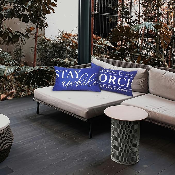 TAJWE Dark Blue Outdoor Pillow Covers Waterproof 12x20 Set of 2 Decorative Welcome to Our Porch Stay Awhile Cushion Cases for Patio Furniture Sofa Couch Decor