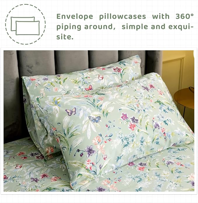 QSH 100% Cotton Sheets for Split King Size Bed, Pattern Botanical Luxury Cotton Printed Floral Bedding Sheets Soft and Breathable 5pcs Deep Pocket Queen Sheet Set