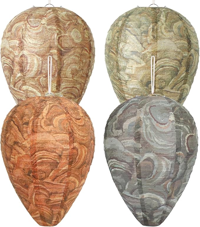 DECYOOL 4 Pack Wasp Nest Decoy Natural Paper Hornet Deterrent Hanging Fake Nests for Outdoor Hornets Yellow Jackets Control