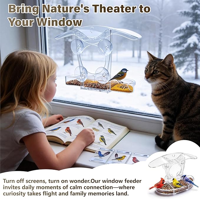 Window Bird Feeder with 5 Acrylic ID Cards - Clear Bird House for Outside with Removable Tray & Drain Holes - 4 Strong Suction Cups, Panoramic View for Wild Birds, Cat TV, Nature Gift