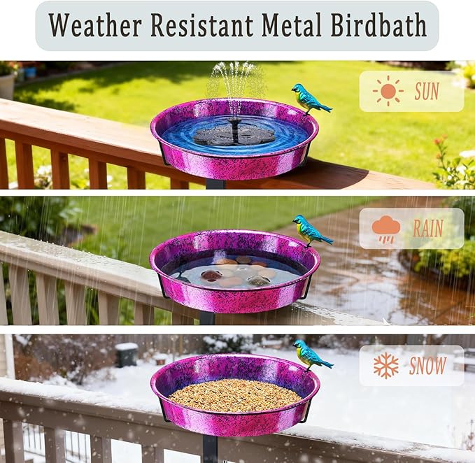 Metal Deck Bird Bath for Balcony Railing, Metallic Purple & Blue 11.5” Bathing Bowl & Feeder with Adjustable Steel Clamp Outdoor Garden Decor Yard Art (0.7 Gallon)