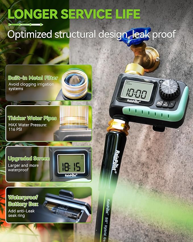 RAINPOINT Sprinkler Timer with Brass Swivel, Programmable Water Timer for Garden Hose with Rain Delay/Manual Watering, Digital Irrigation System Kit for Lawns, 1 Outlet