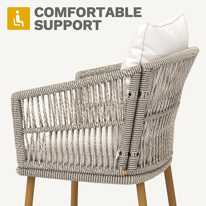 DWVO Wicker Sofa Chair, Single Bistro Armchair with Weatherproof Cushions, Outdoor Dining Chair for Outdoor, Indoor, Beige
