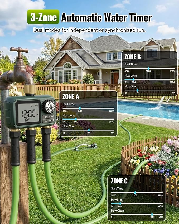 Brass Sprinkler Timer with Swivel, Programmable Water Timer for Garden Hose with Auto/Manual/Rain Delay Watering, Digital Irrigation System Kit,for Garden, Yard, Lawn 3 Outlet F13WT06