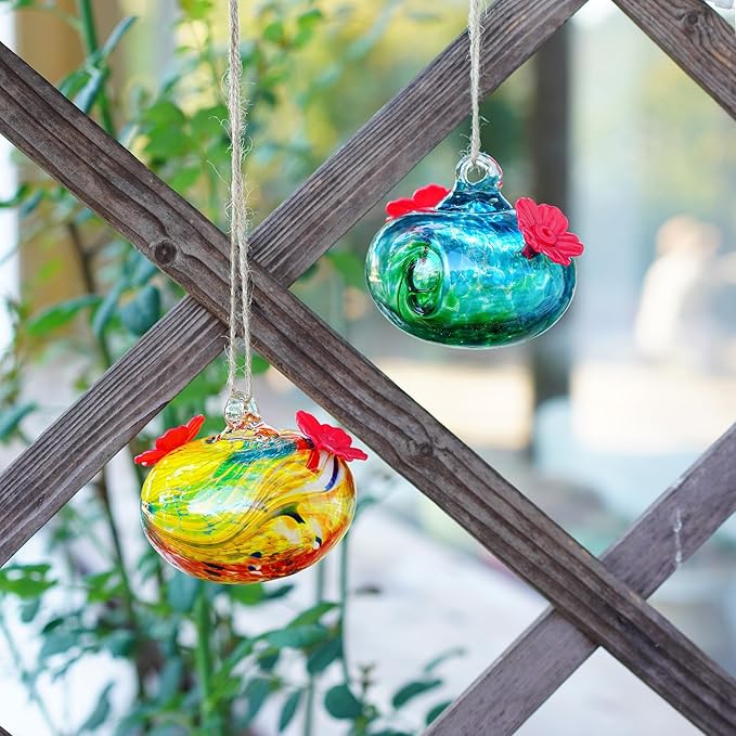 Pack 2 Blown Glass Hummingbird Feeders for Outdoors 3inch Small Glass Humming Bird Feeder for Window Hanging Ant and Bee Proof Humming Birds Feeders Decor for Garden Tree